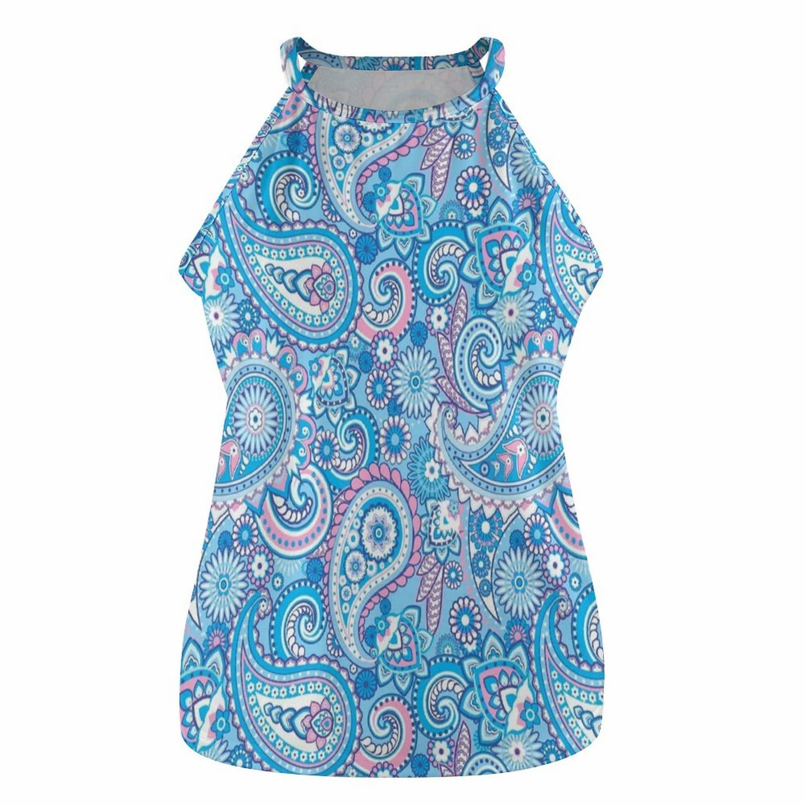 Close-up of Custom Blue Paisley Print Cami Tank Top (front view).