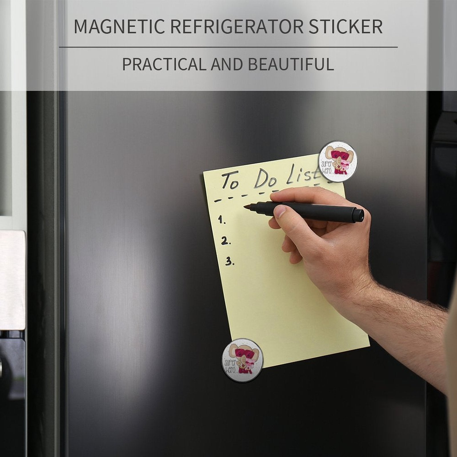 Custom Personalized Metal Magnets holding notes and reminders on a magnetic board.