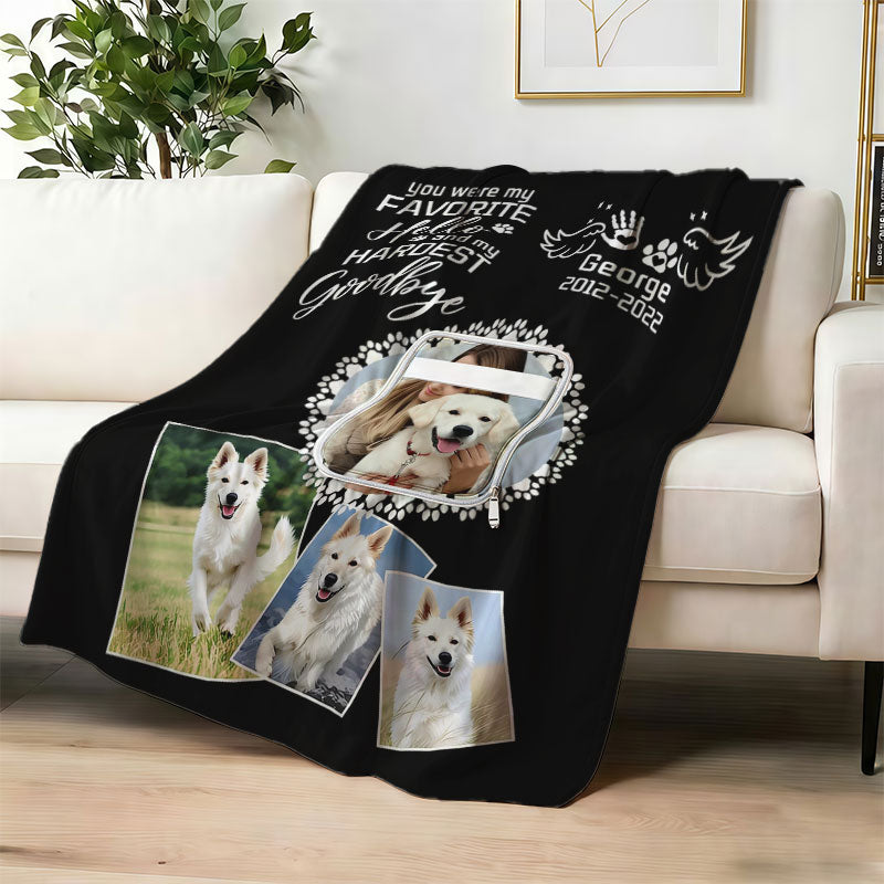 Dog memorial photo blanket with angel wings design