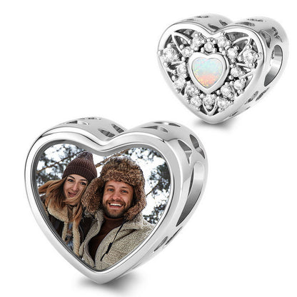 silver heart charm with an iridescent opal center stone, sparkling accent crystals, and a custom photo locket
