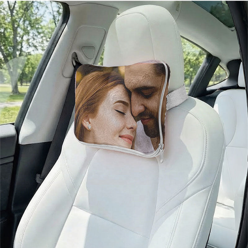 Personalized couple photo car headrest travel pillow.