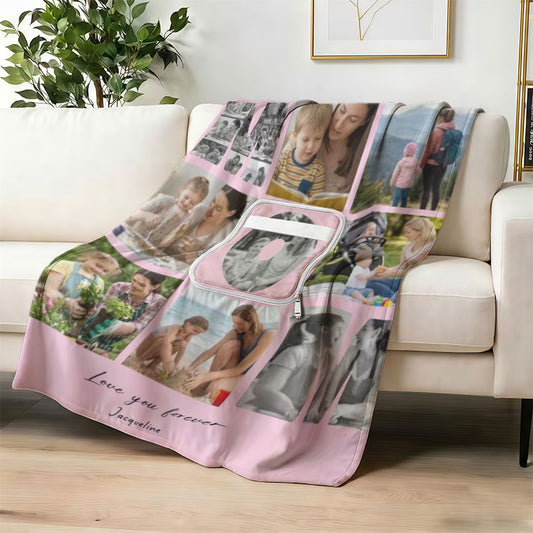 Photo collage blanket with travel zipper pouch