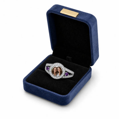 Custom photo halo ring with two birthstone accents gift box