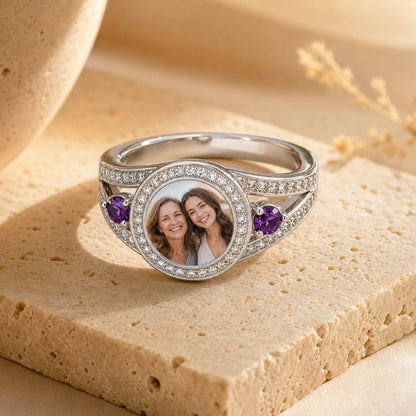 Custom photo halo ring with two birthstone accents lifestyle