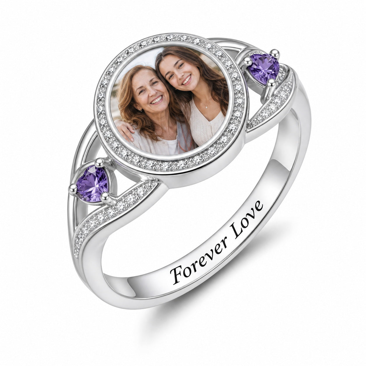 Custom photo halo ring with two birthstone accents main view