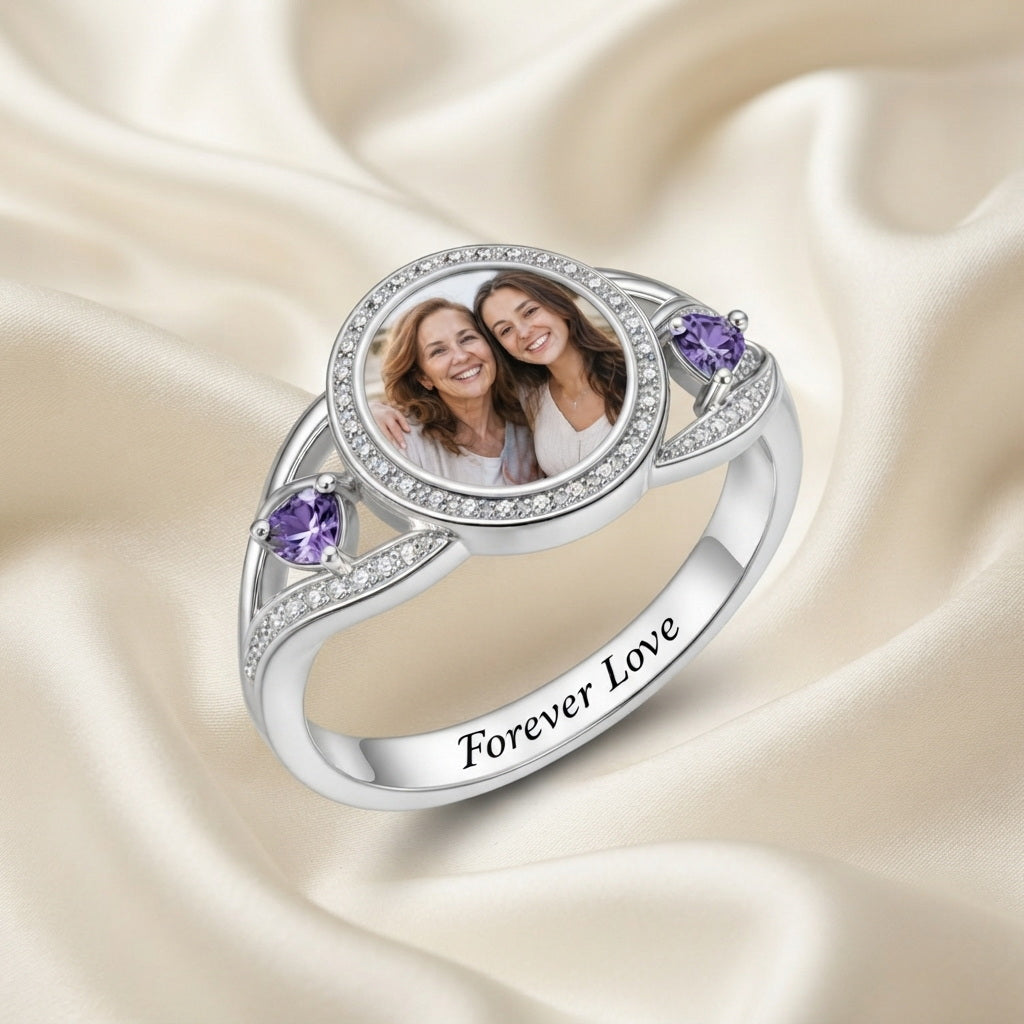 Custom photo halo ring with two birthstone accents styled vi