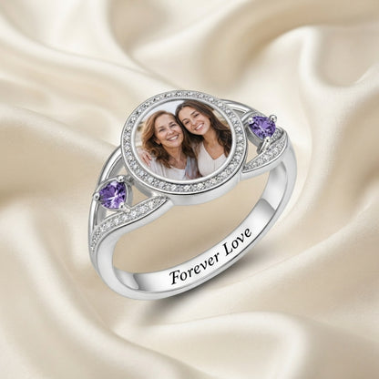 Custom photo halo ring with two birthstone accents styled vi