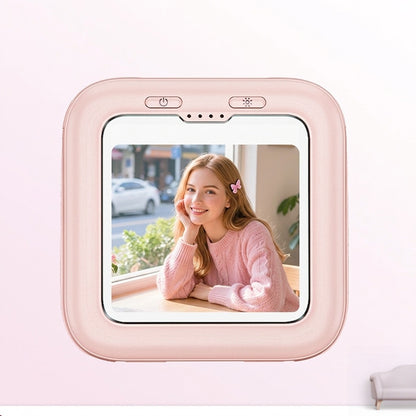 Pink custom photo power bank with built-in makeup mirror.