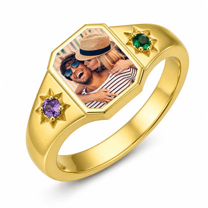 Custom photo signet ring with two birthstone accents main vi