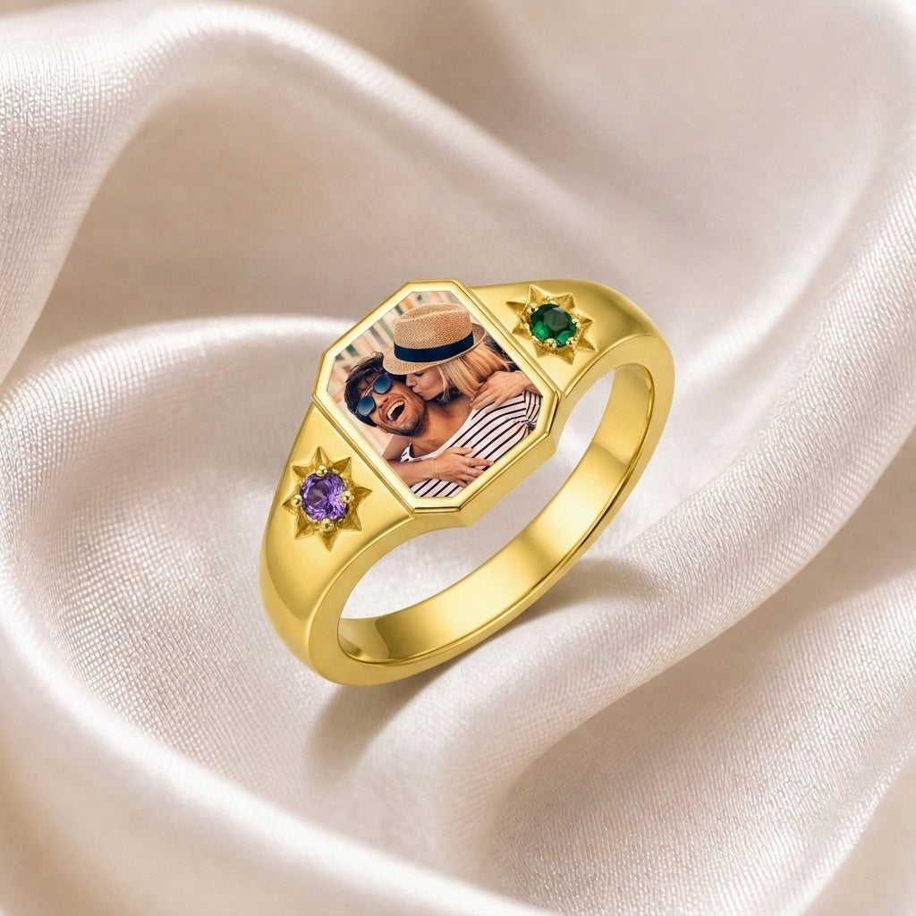 Custom photo signet ring with two birthstone accents side vi
