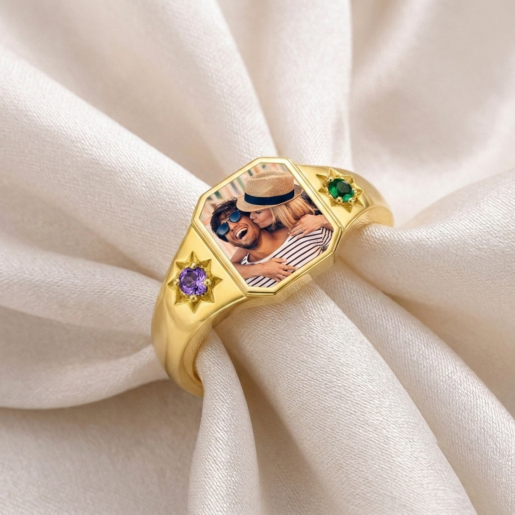 Custom photo signet ring with two birthstone accents styled