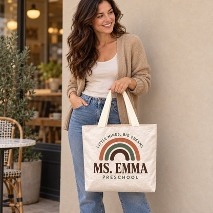 Custom Teacher Gift Bag - Personalized Name Preschool Rainbow Tote Bag, Lightweight Durable Reusable Paper-Like Bag - personalized lifestyle scene
