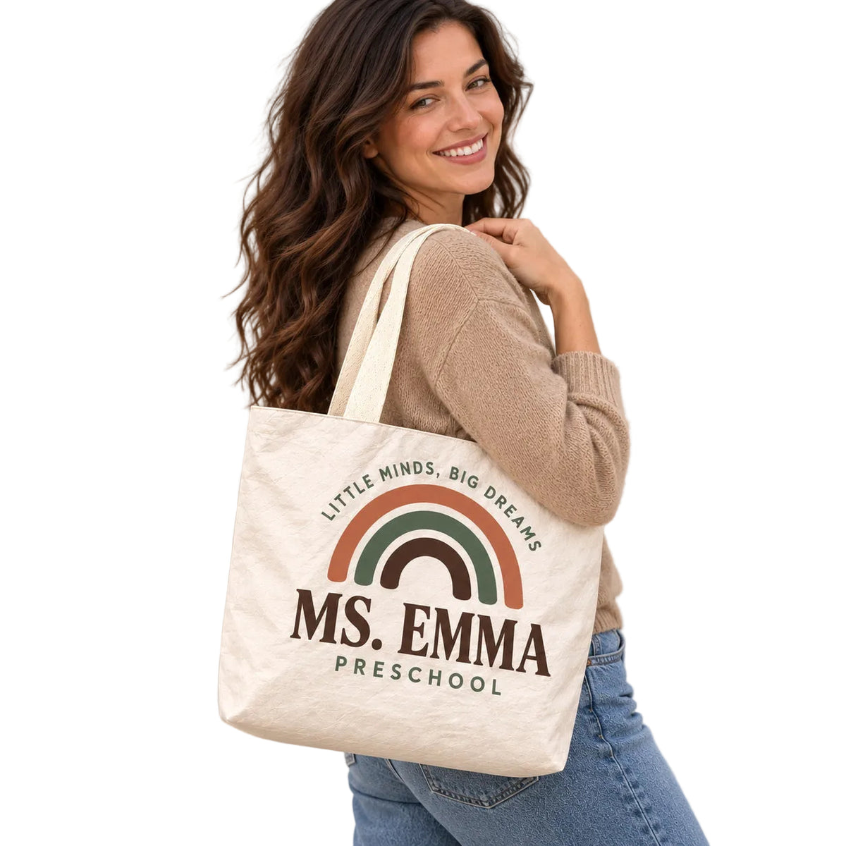 Custom Teacher Gift Bag - Personalized Name Preschool Rainbow Tote Bag, Lightweight Durable Reusable Paper-Like Bag - shoulder carry classroom outfit view