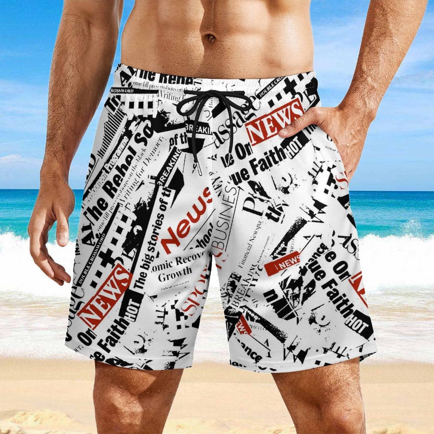Model wearing Custom Print Bathing Suits Men. Stretch Beach Shorts.