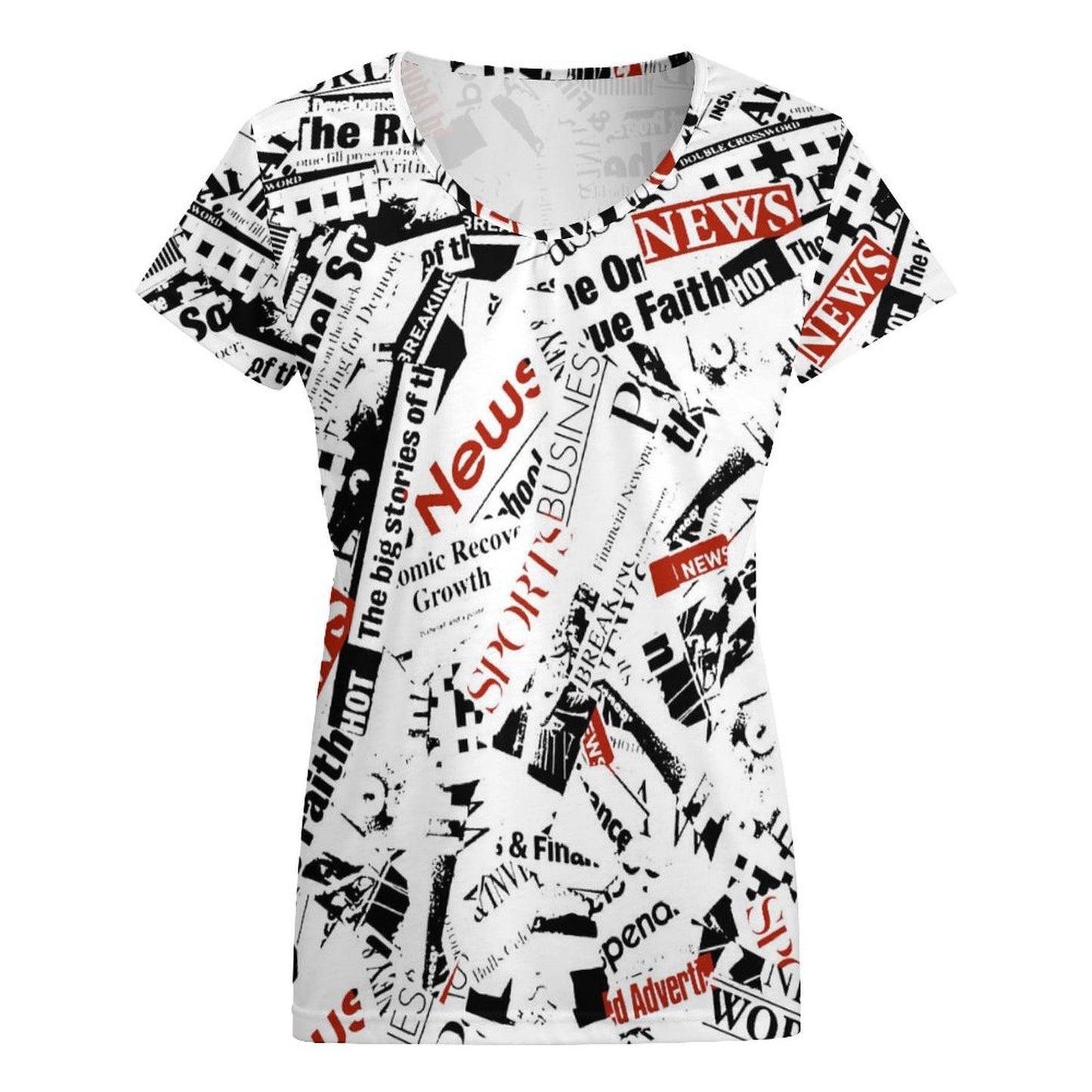 Custom Print Casual T-Shirt V Neck Loose Fit, showing newspaper graphic detail.