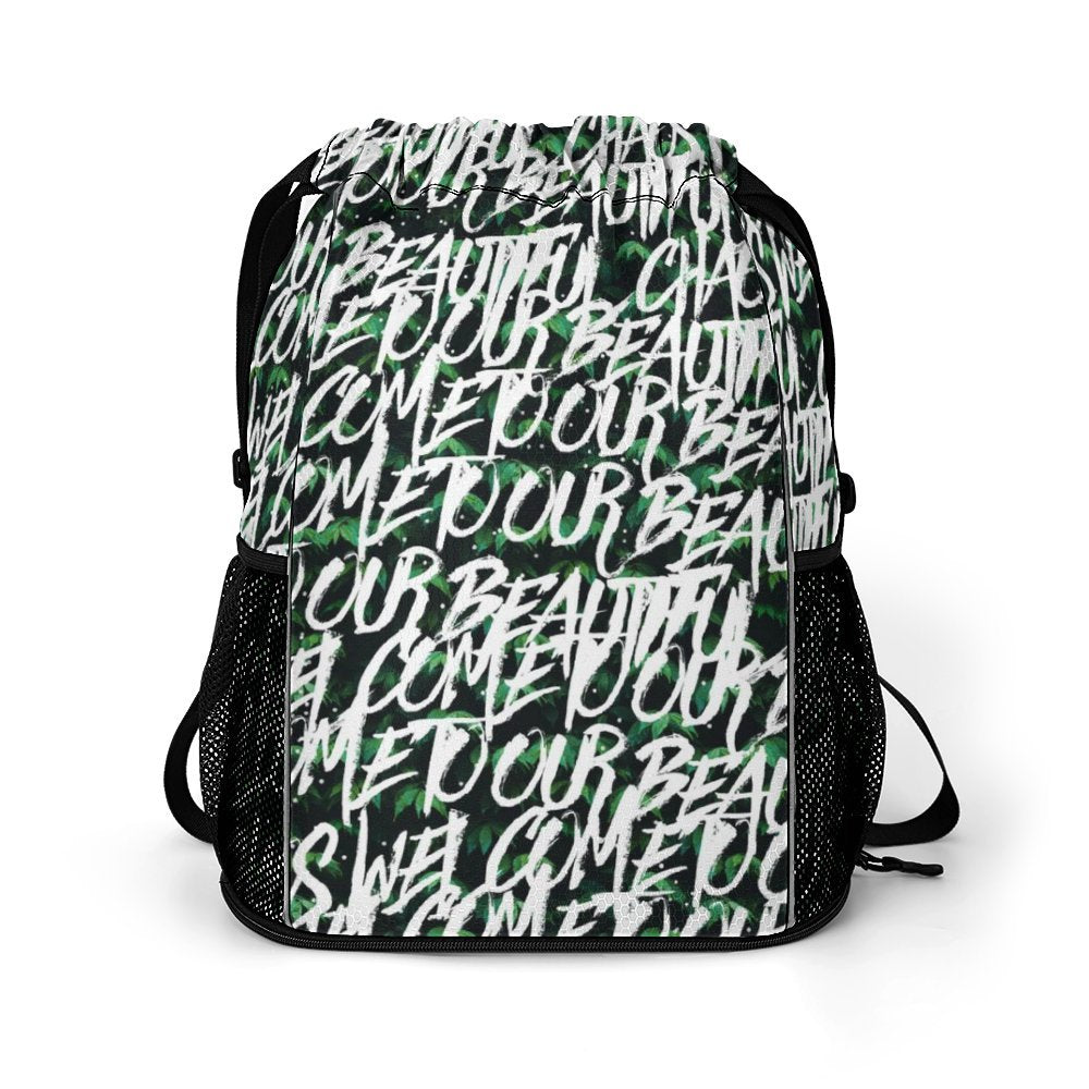 Custom Print Drawstring Backpack with unique word graphic for sport and gym use.