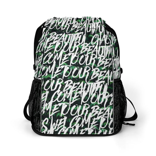 Custom Print Drawstring Backpack with unique word graphic for sport and gym use.
