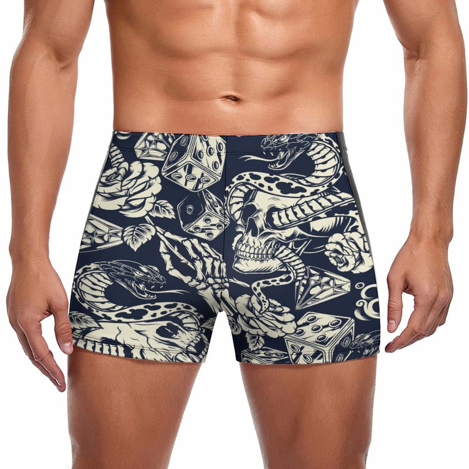 Mens custom print square leg swim brief with skull and snake tattoo design.