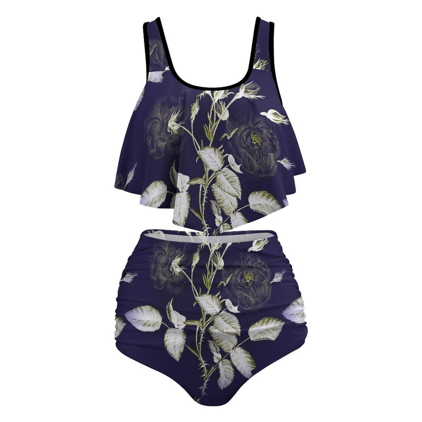 Custom print plus size bikini set, flounce top, high waisted tummy control bottom view.