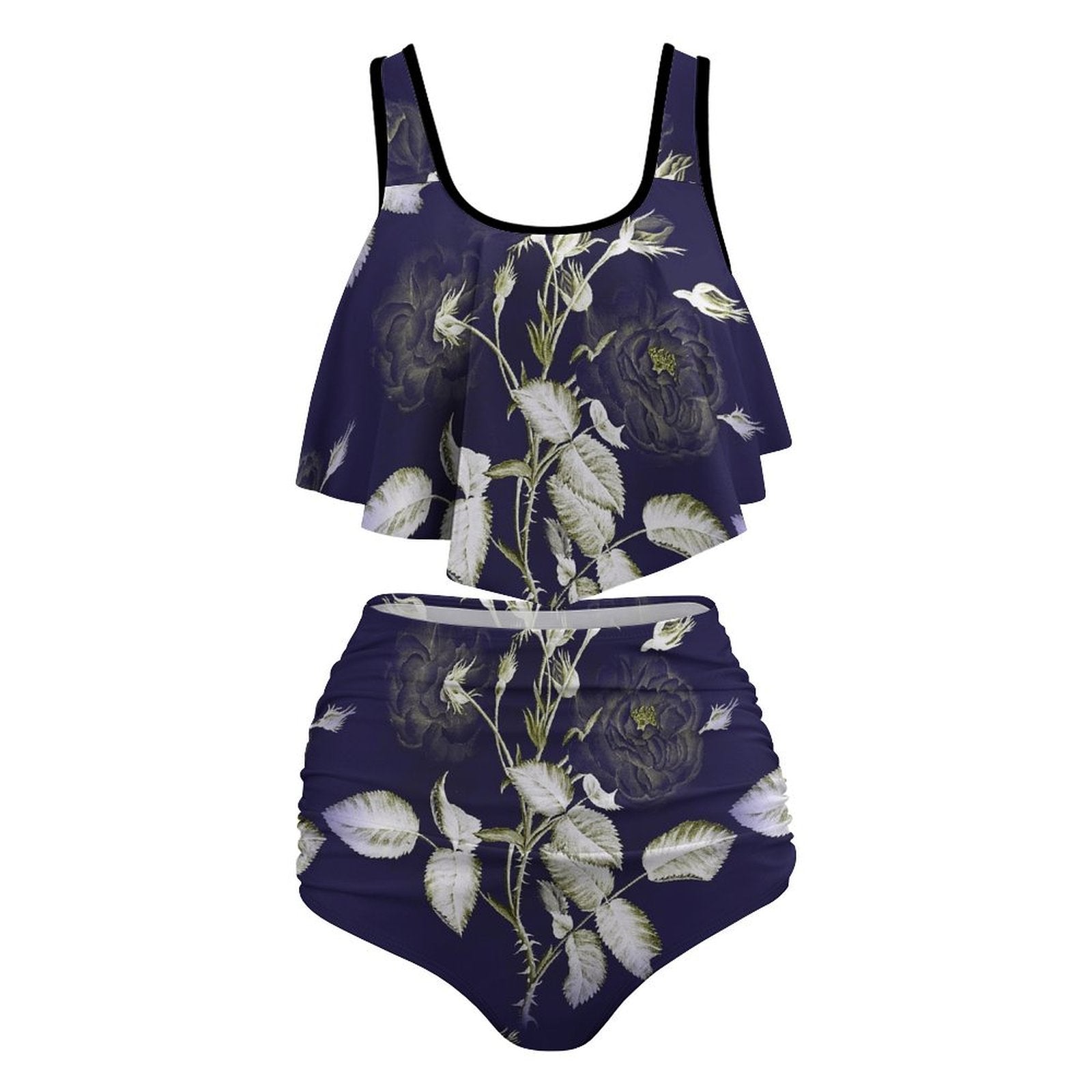 Custom print plus size bikini set, flounce top, high waisted tummy control bottom view.