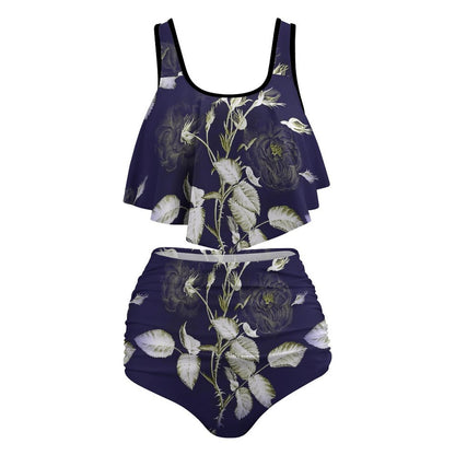 Custom print plus size bikini set, flounce top, high waisted tummy control bottom view.