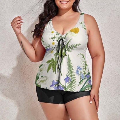 Custom print plus size tankini top with black swim shorts, full frontal view.
