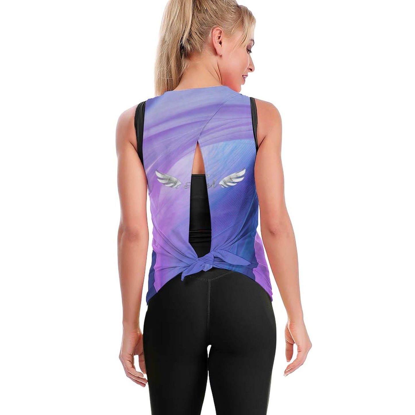 Back view of the Custom Print Tie Back Gym Shirt. Shows the adjustable tied detail and breathable material.