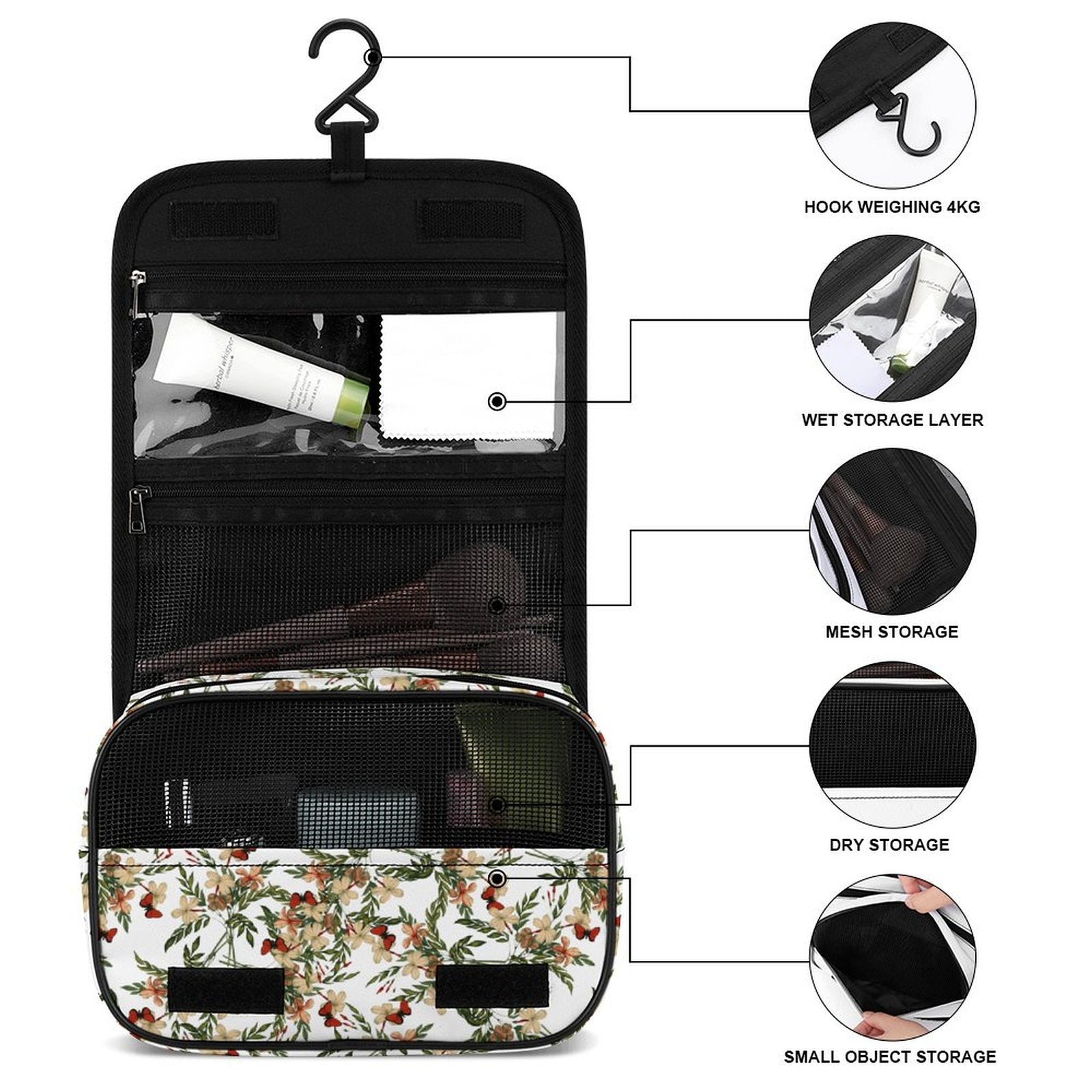 Custom Print Toiletry Bag details: hook, mesh, dry and wet storage layers.