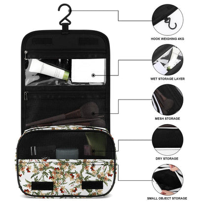 Custom Print Toiletry Bag details: hook, mesh, dry and wet storage layers.