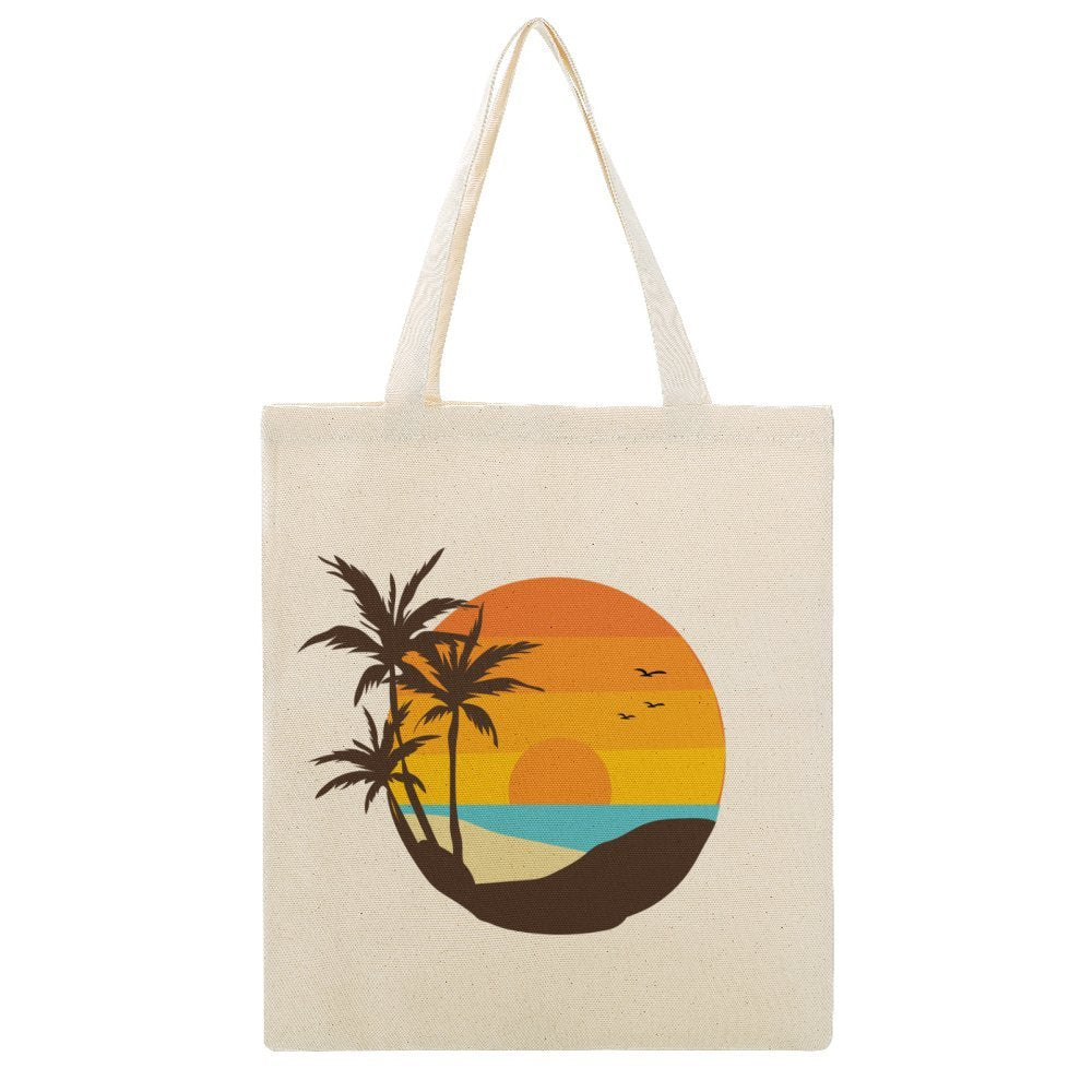 Custom Printed Reusable Canvas Tote Bag with Beach Sunset Design.
