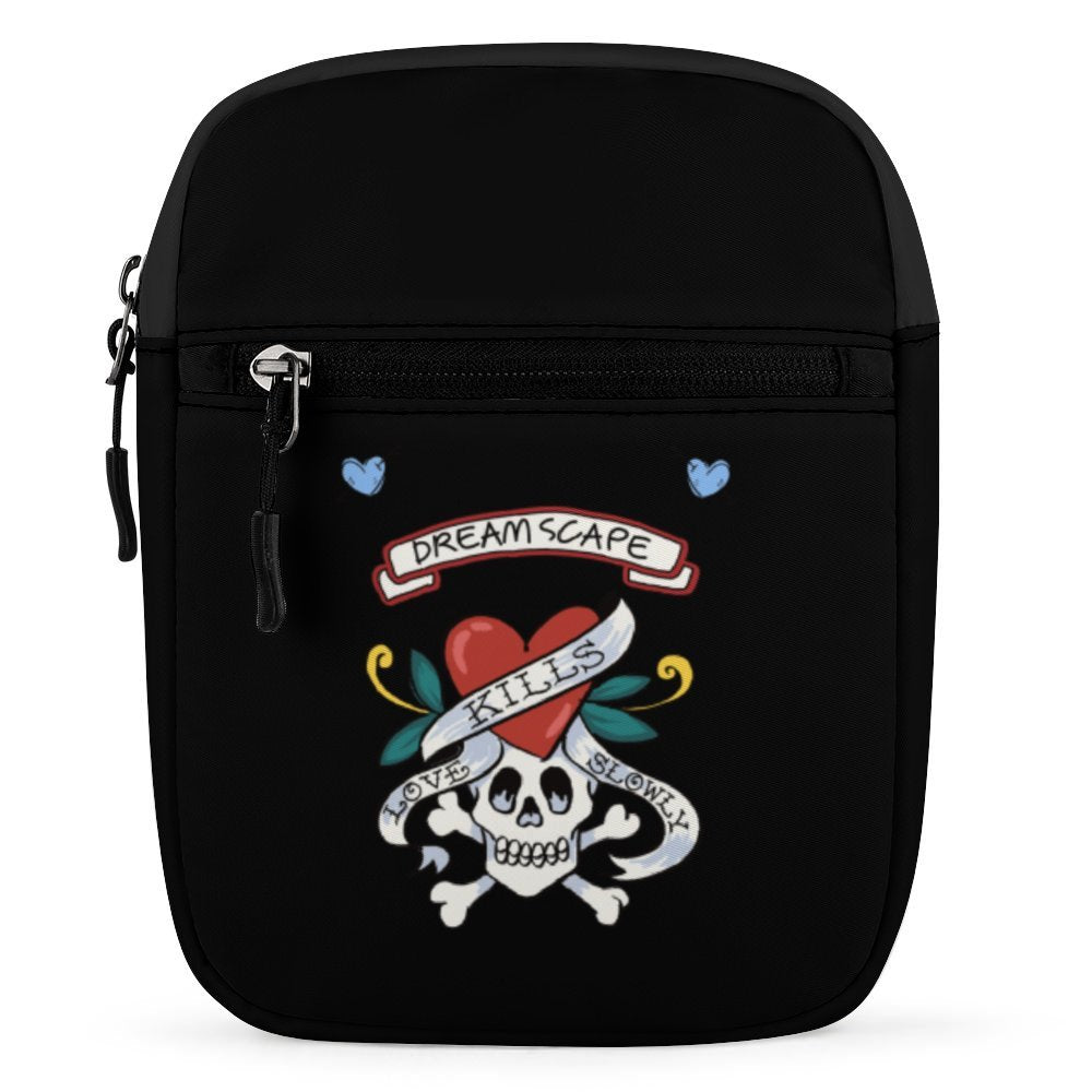 Custom Printed Mini Crossbody Bag with Skull Heart Tattoo Art graphic, front view.