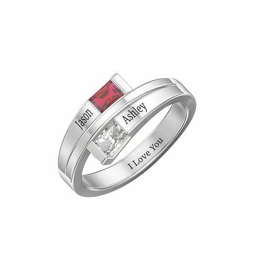 925 silver personalized birthstone ring for her, customized 2 names .