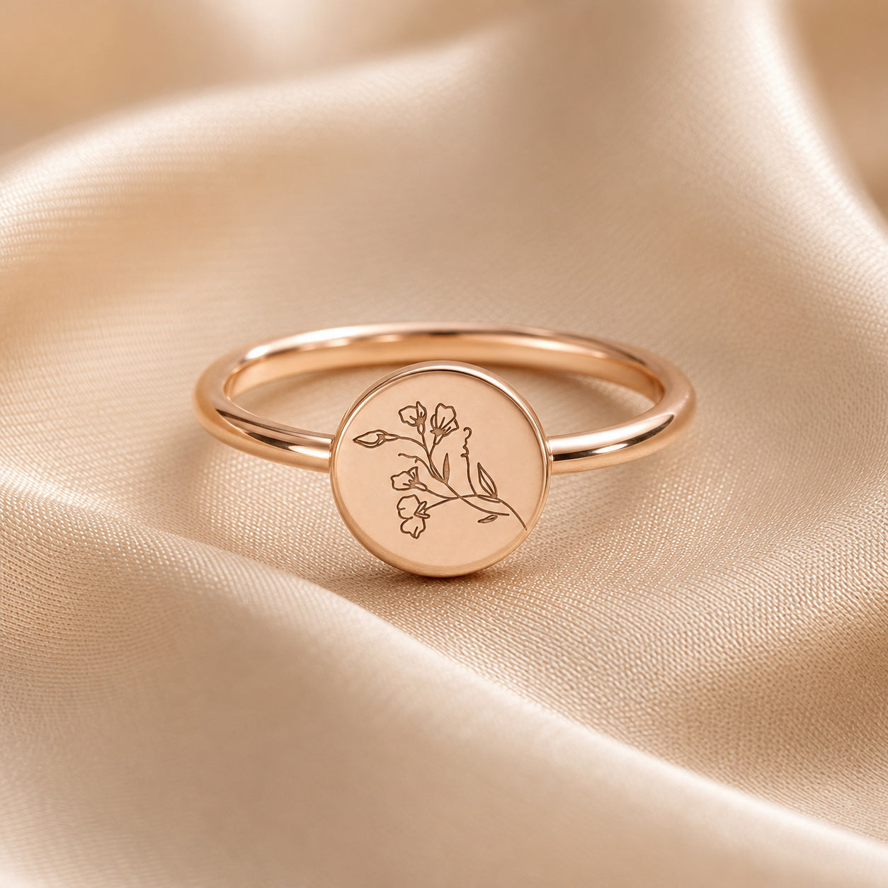 Custom round botanical signet ring detail view