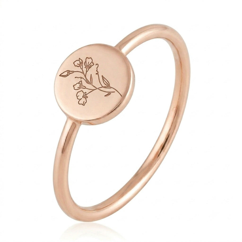 Custom round botanical signet ring main view