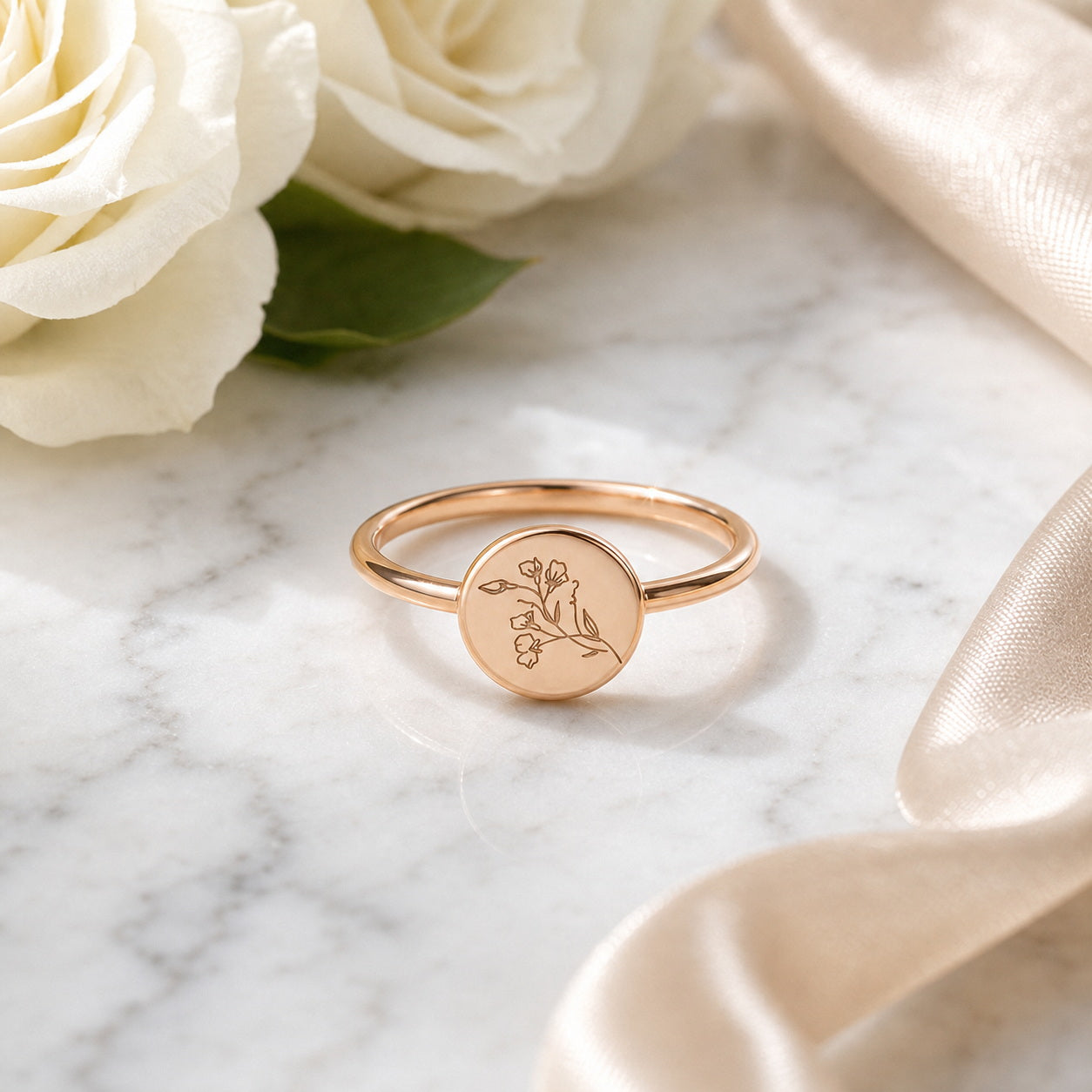 Custom round botanical signet ring side view