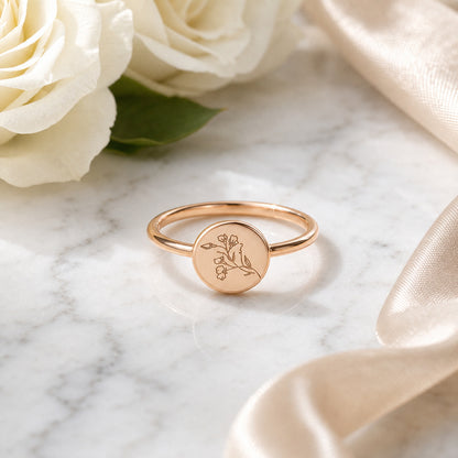 Custom round botanical signet ring side view