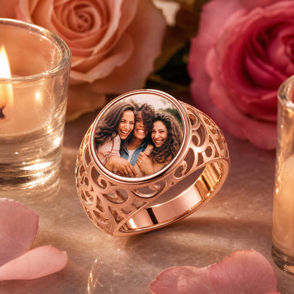 Custom round photo filigree signet ring lifestyle view