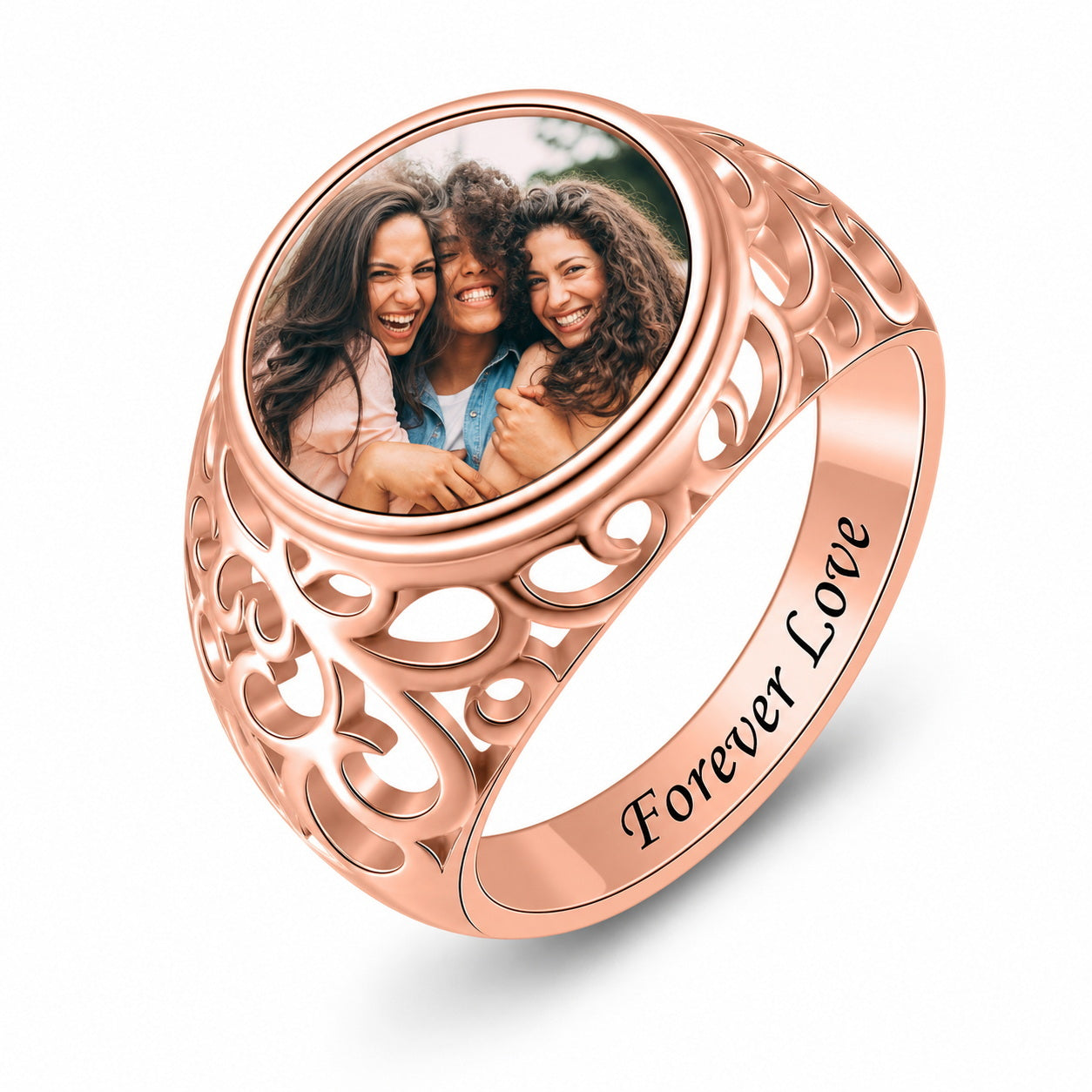 Custom round photo filigree engraved signet ring main view