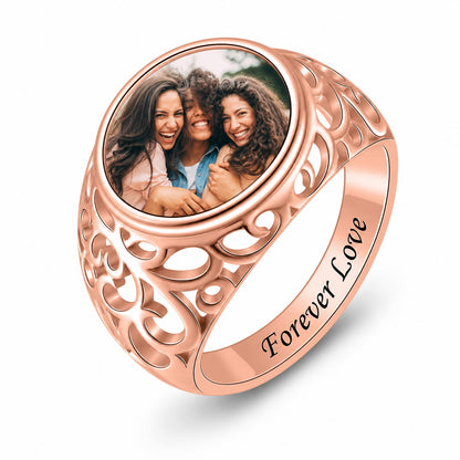 Custom round photo filigree engraved signet ring main view