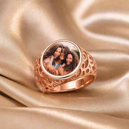 Custom round photo filigree engraved signet ring styled view