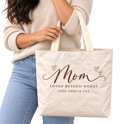 Personalized Script Mom Hearts Tote Bag with Names - custom design detail