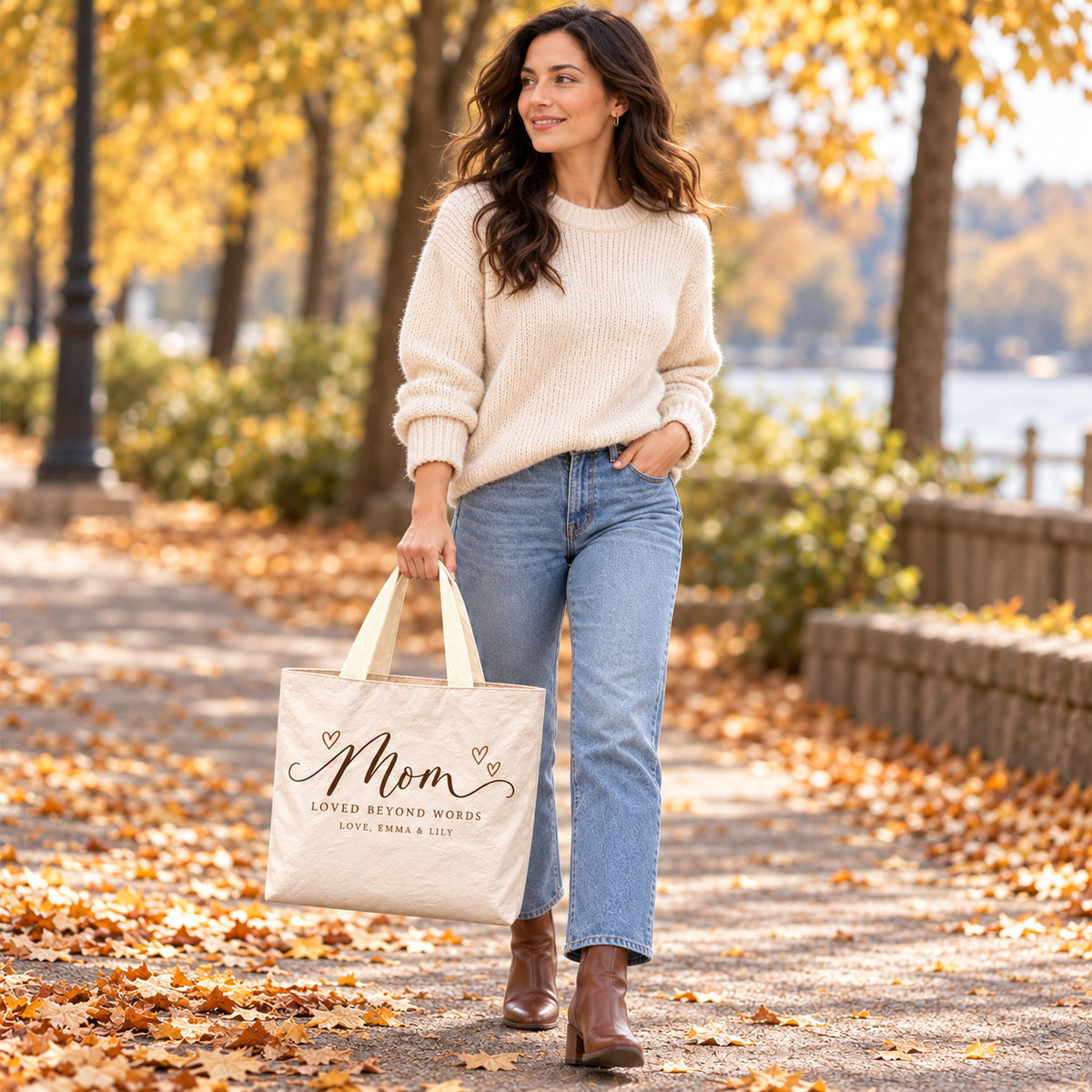 Personalized Script Mom Hearts Tote Bag with Names - outdoor model styling view