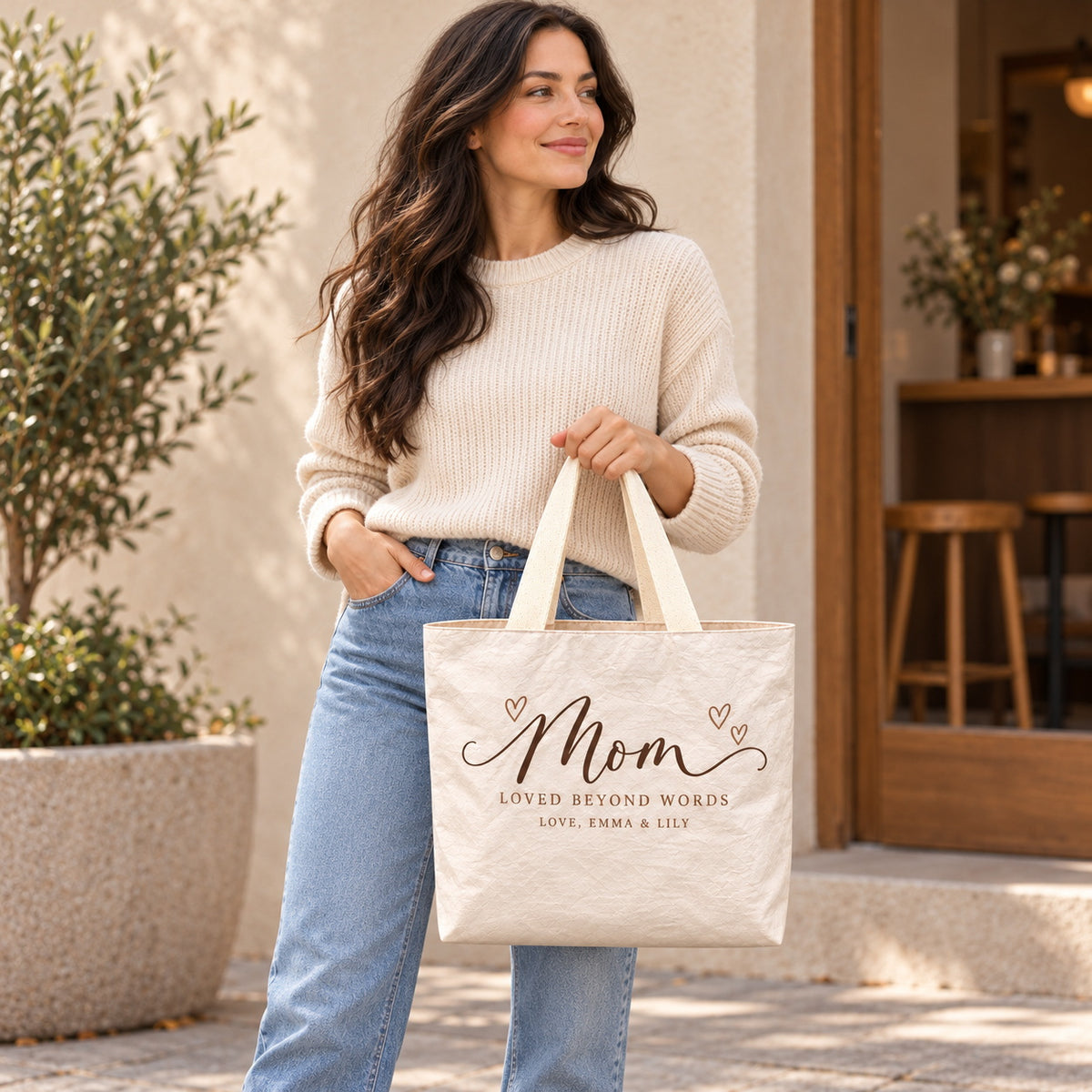 Personalized Script Mom Hearts Tote Bag with Names - personalized lifestyle scene