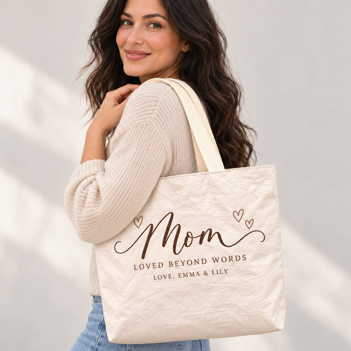 Personalized Script Mom Hearts Tote Bag with Names - shoulder carry outfit view