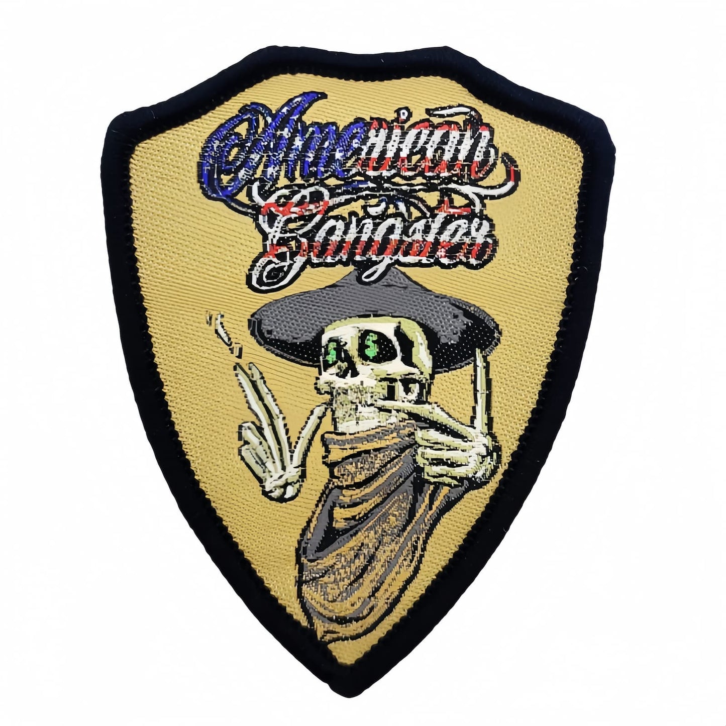 Custom Shield Woven Patch with skull design, ideal for jackets or motorcycle clubs.