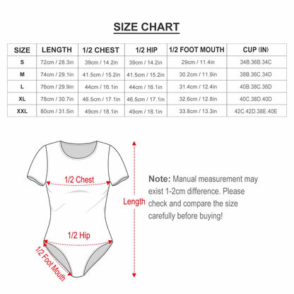 Custom short sleeve bodysuit size chart. Measurements for length, chest, and hip.