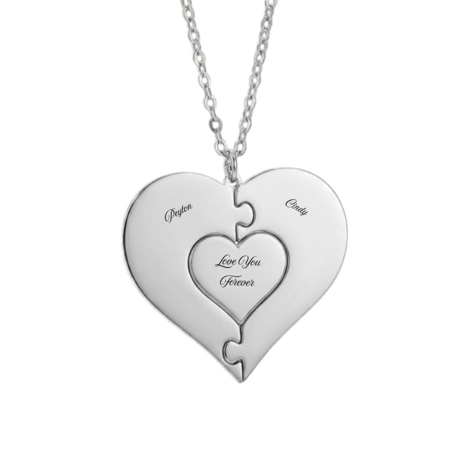 Silver heart puzzle necklace with 2 custom names.