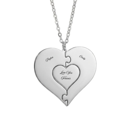 Silver heart puzzle necklace with 2 custom names.