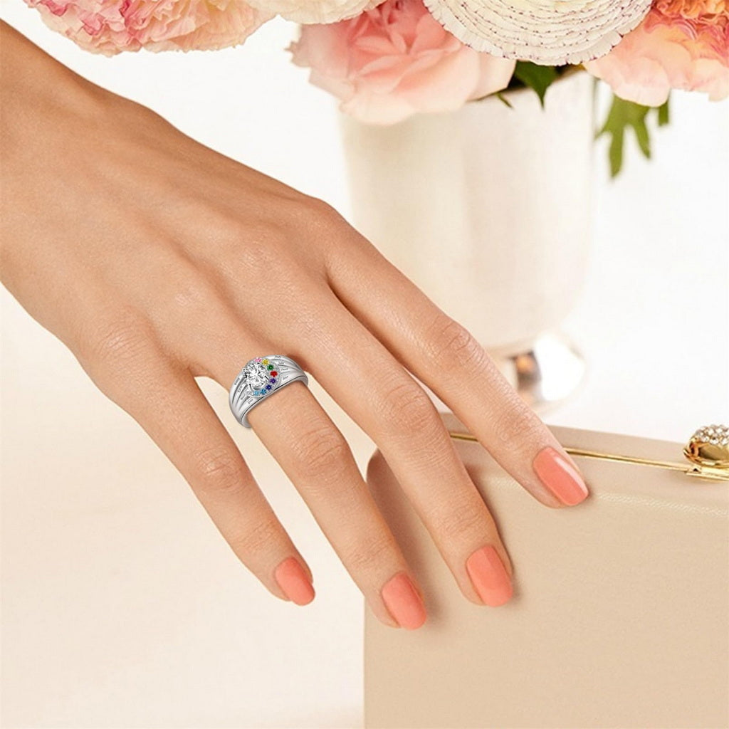 Custom family split band birthstone ring hand scene jewelry