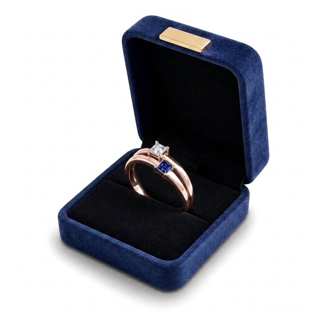 Custom square birthstone stacking ring set gift box view